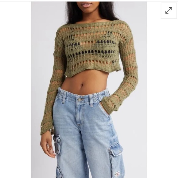 BDG URBAN OUTFITTERS Ladder Cobweb Crop Sweater, Olive, Grunge, Y2K, Beachy, M - Picture 2 of 10